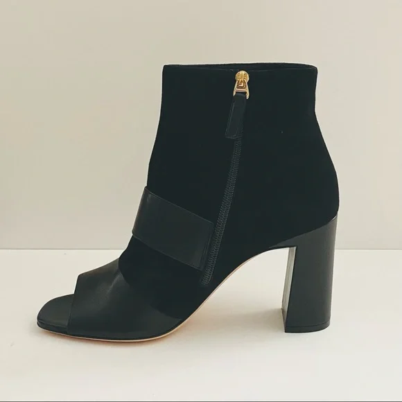 Black BALLY Jaydee Peep-Toe Suede Leather Booties with Buckles 3.5" Heels - Picture 2 of 9